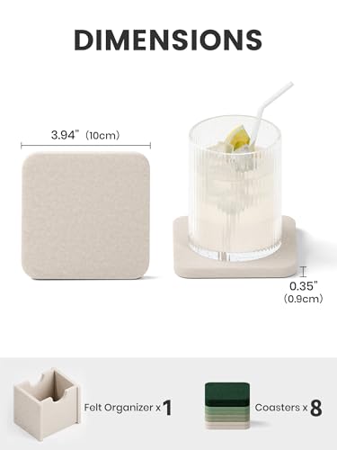 Fluxynara Felt Coasters for Drinks, Set of 8 Absorbent Coasters with Holder, Heat-Resistant & Reusable Square Design for Coffee Table & Living Room, 3.94 Inch, Sagewood - color: Sagewood, size: Square - 8 Count
