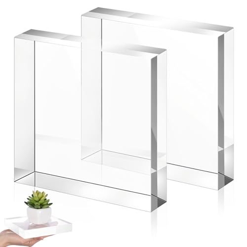 2 Pcs 6 x 6 x 1 Inches Acrylic Square Display Block, Clear Polished Acrylic Cubes Jewelry Display Stand for Ring Showcase, Collectibles, Trophy Base Holder