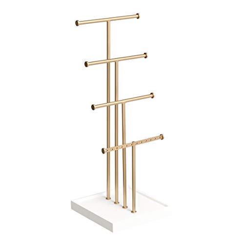 Amazon Basics Four-Tier Jewelry Organizer Tree Stand, Necklace Earring Bracelet Holder with Ring Storage, White/Brass - color: White/Brass, style: Hanging