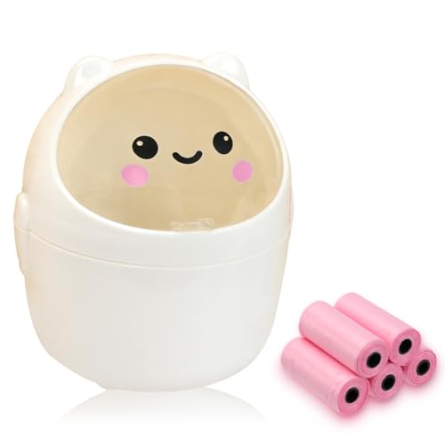 Mini Trash Can, Cute Small Trash Can with Lid, Desktop Paper Bin with 5 Rolls of Bin Liners, Portable Tabletop Dustbin, Cartoon Animal Rubbish Storage for Office Bedroom Desk Kitchen (White) - color: White