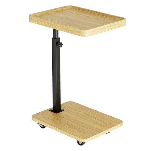 Tv Tray,Adjustable Height C Shaped End Side Table for Eating on Couch That Slide Under,360°Swivel Sofa Snack Dinner Table with Wheels for Living Room and Bedroom, Bed,Chair(Oak+Black) - color: Oak+black