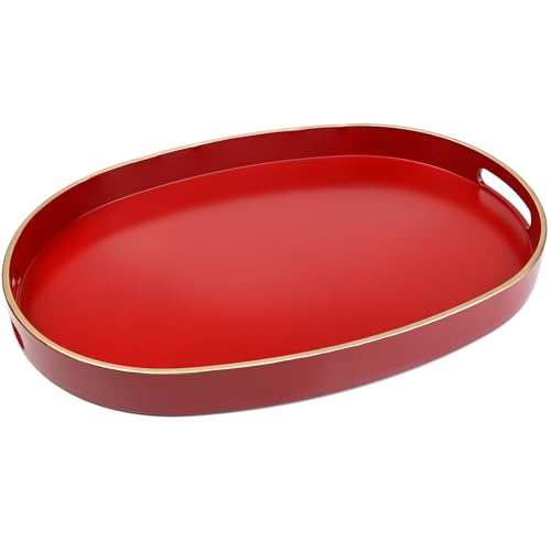 Spsyrine Red Plastic Serving Tray for Ottoman, Coffee Table, Oval Decorative Tray for Entertaining, Outdoor, Living Room, Home Decor - color: Oval Red, size: 15.5" x 10.6" x 1.4"