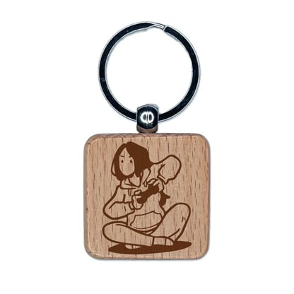 Sniggle Sloth Lifestyle Doodle Video Game Gamer Woman Controller Engraved Wood Square Keychain Tag Charm