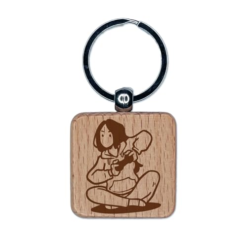 Sniggle Sloth Lifestyle Doodle Video Game Gamer Woman Controller Engraved Wood Square Keychain Tag Charm