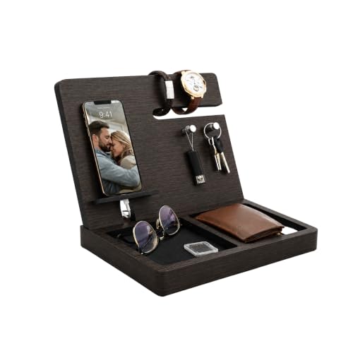 Namore Nightstand Organizer for Men – Wood Phone Docking Station & Bedside Valet Tray Organizer for Wallet, Watch & Keys – Unique Gifts for Men, Husband, Dad - color: Tabaco