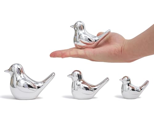 Small Silver Bird Statue Ceramic 2-Piece Set, 3¾ inch Cute Knick Knack for Home Office Shelf Desk Decor