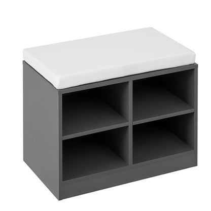 Low Entryway Shoe Cabinet with Bench,2 Doors and 3-Tier Adjustable Shelves,Living Room Benchs with 4 Open Shoe Racks and Removeble Cushion,Storage Console Table with Wavy Slatted Door and Hooks,Grey - color: Beige+grey