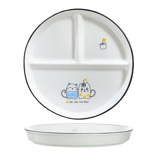 SOCOSY Ceramic 3-Compartment Portion Control Plate Divided Dish Platters, Divided Dessert Plate Salad Plate Dinner Plate Snack Dishes, Appetizer Serving Trays, 1 PCS-Couple Cats-8 Inch - color: Couple Cats