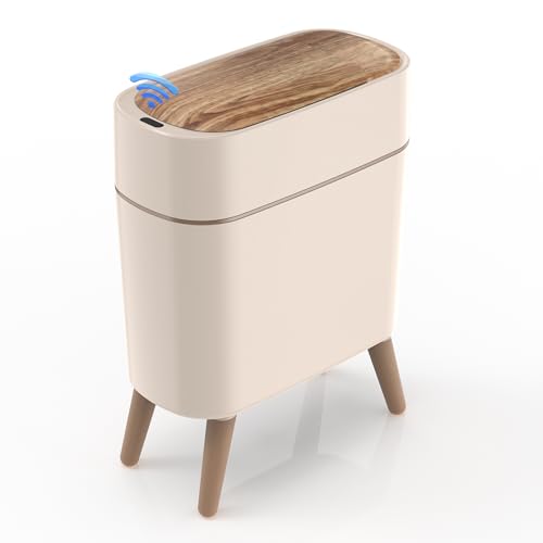 suyika Automatic Trash Can, 2.6 Gallon/10L Bathroom Trash Can with Lid - Wood Grain Lid and Legs, Touchless Waterproof Garbage Bin for Bedroom, Bathroom, Office, Living Room - color: Off-white