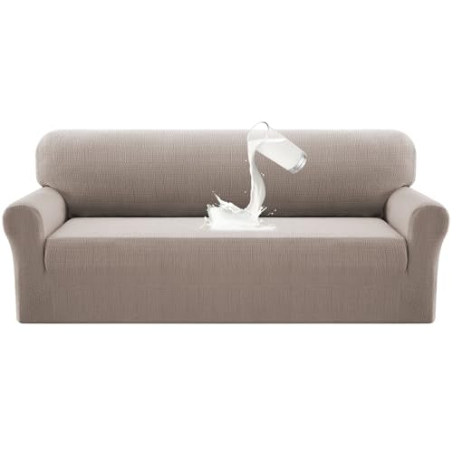 PrinceDeco Waterproof Couch Covers Slipcovers for Sofas,1 Piece Stretch Jacquard Sofa Slipcover Leakproof Pet Friendly Furniture Protector for Kids, Dog (Sofa Seat Width 52"-58", Sand) - color: Sand, size: 2.5 Seat (Seat Width 52"-58")