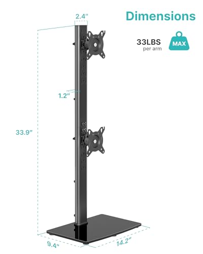 Pegzone Vertical Dual Monitor Stand for 17–34 Inch Screens, Stacked Monitor Mount, Holds up to 33 lbs per Arm, Tabletop Screens Riser with Full Motion, 33.3" Pole 12 Height Settings, 75/100 VESA