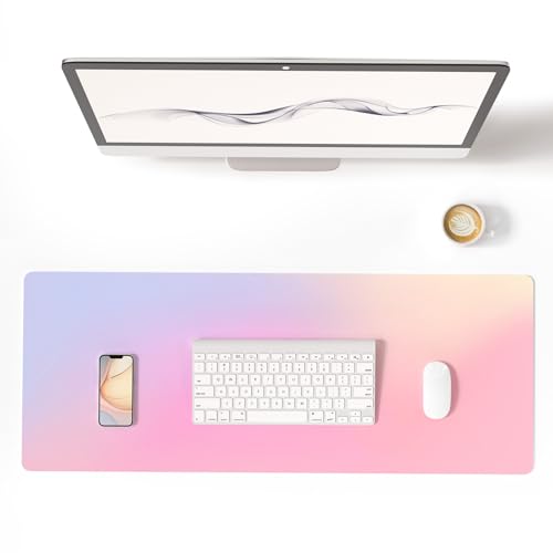 Colorful Star Large Mouse Pad Pink, Girly Desk Mat Aesthetic PU Leather Laptop Mat, 31.5" x 11.8" - color: Dreamy Pink Gradient, size: 31.5" x 11.8"