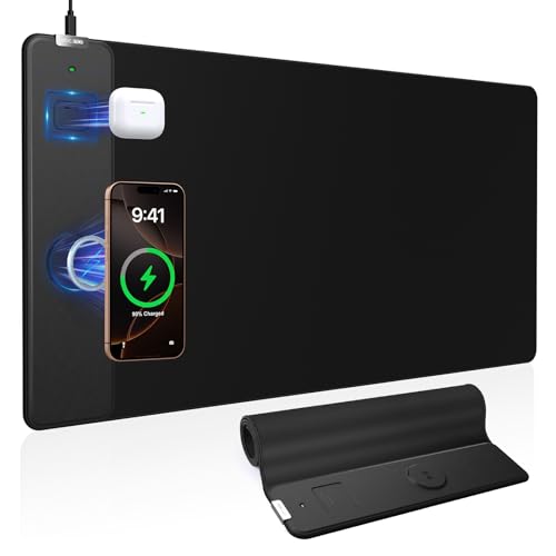 Mouse Pad with Magnetic Wireless Charger, 31.5"x15.8" Large Gaming Desk Mat, Non-Slip Base, Waterproof Ultra-Smooth Keyboard Pad for Gamer, Office & Home, Black - color: Black-31.5"x15.8"