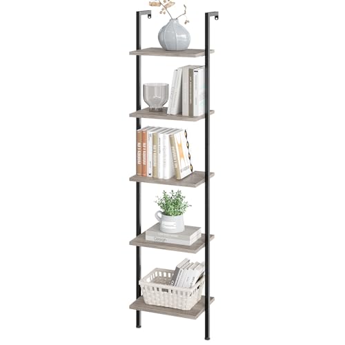 ELYKEN Ladder Shelf, 5-Tier Wood Wall Mounted Bookshelf with Metal Frame, Vintage Open Display Organizer Rack, Leaning Storage Shelves for Living Room, Bedroom, Home Office, Greige - color: Gerige