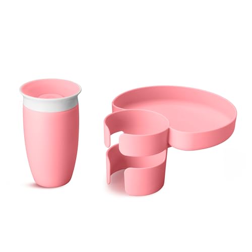 Munchkin Carseat Tray with Miracle 360 Sippy Cup for Toddlers 1-3 - Travel & Road Trip Accessory for Kids, Mess-Free Snacking and Spill Proof Drinking in The Car, Pink - color: Pink