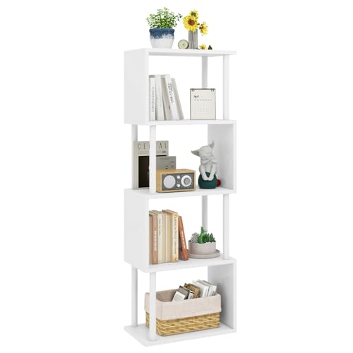 IBUYKE 5-Tier Tall Bookshelf,S-Shaped Geometric Bookcase, Wood Display Shelves with Storage,Modern Bookshelf for Living Room Bedroom, Home Office, White WBC015W - color: White, size: 5 Tier