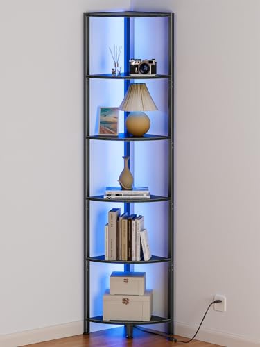 Furnulem 6 Tier Corner Shelf with LED Light, 67.5” Tall Standing Shelf Organizer, Black Narrow Bookshelf with Storage Rack for Wall Corner, Living Room, Bedroom, Metal Frame, Wood Display Shelf - color: Black Oak