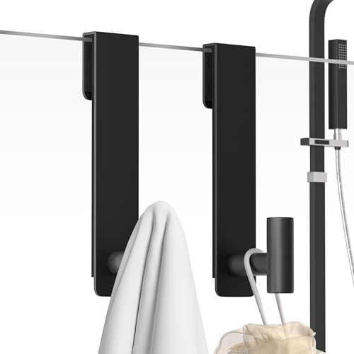 PMMASTO Shower Door Hooks, (7.5 Inch) Extended Towel Hooks for Bathroom Frameless Glass Shower Door, Stainless Steel Heavy Duty Hooks for Hanger Robe,Towel (Black ''T'' Shape 2 Pack) - color: Black, size: 7.5 Inch-2 Pack, Fits 3/8" Thick Door