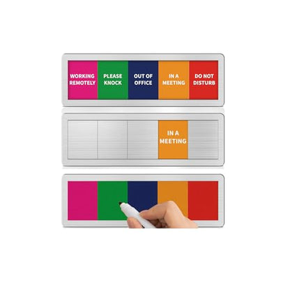 Office Door Signs with 5 Printed Status Options – Do Not Disturb, Out of Office, In a Meeting, Please Knock, Work from Home – Includes Custom Personalized Blank Sticker for Privacy Workspace or Studio Available and Away - style: Brushed Silver-5 Options