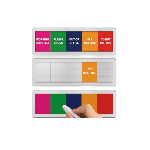 Office Door Signs with 5 Printed Status Options – Do Not Disturb, Out of Office, In a Meeting, Please Knock, Work from Home – Includes Custom Personalized Blank Sticker for Privacy Workspace or Studio Available and Away - style: Brushed Silver-5 Options