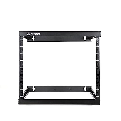 AEONS 8U 2-Post Wall Mount Open Frame 19-Inch IT Network Server A/V Equipment Rack 18” Depth 12-24 Threaded 150lbs Weight Capacity, Black - style: 8U-2Post