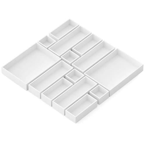 SpaceAid 14-Piece Bamboo Drawer Organizer Storage Boxes Set, Wood Tray Junk Drawer Organizers Multi-Use Divider Bins for Kitchen, Bathroom, Office Desk and Makeup Organization (14 Pack, White) - color: White