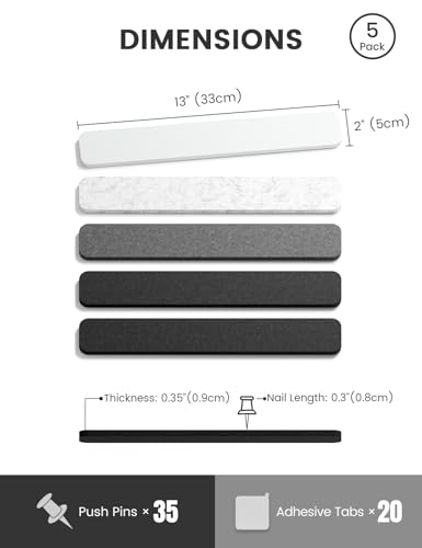 Fluxynara Cork Board Alternative Felt Strip Board 5-Pack 13"x2", Office Pin Board with 35 Push Pins, Adhesive Install for Bedroom Door & Home Office (Concrete Echo) - color: Concrete Echo, size: 5-pack