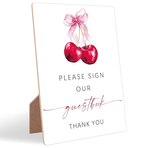 Cherry Wedding Signs for Reception, Pink Bow Please Sign Our Guestbook, Berry Wooden Wedding Signs with Stand, Pink Bow Bridal Shower Decoration, Bridal Shower Party Supplies for Reception, 14 - color: Wedding14