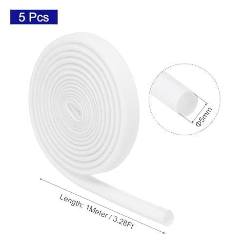 MECCANIXITY 5Pcs Wire Insulation Braid Fire Sleeve,3.28Ft-5mm ID White, High Temp Silicone Coated Fiberglass Sleeving for Automotive Hose Lines Electrical Wiring - color: White, size: 3.28Ft-5mm
