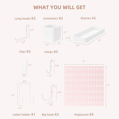 VUSIGN Pegboard Combination Wall Organizer Kit, 4 Pieces Pegboards and 17 Accessories Modular Hanging, Wall Mount Display Peg Board Panel Kits for Bedroom, Home, Office, Bathroom, 22" x 22", Pink - color: Pink2 - 4 Pieces