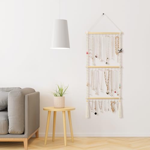 UREYMX Hanging Jewelry Organizer Macrame Necklace Holder, with 30 Hooks, Over Door Necklace Rack, Wall Mounted Jewelry Hanger with Tassel Boho for Necklace Headband Bow Earring Bracelet
