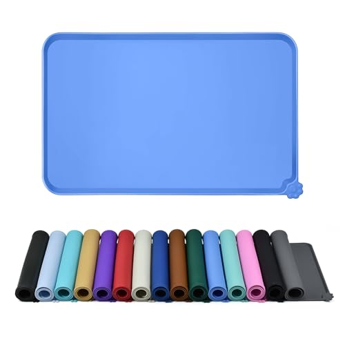 Reopet Silicone Pet Feeding Mat - Waterproof & Non-Slip Dog Cat Placemat | High Raised Edges Prevent Food & Water Spills to Protect Floors, Easy to Clean, Fit for Dog Cat Bowls - color: Blue, size: 22" x 14"