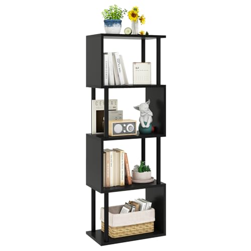 IBUYKE 5-Tier Tall Bookshelf,S-Shaped Geometric Bookcase, Wood Display Shelves with Storage,Modern Bookshelf for Living Room Bedroom, Home Office, Black WBC015B - color: Black, size: 5 Tier