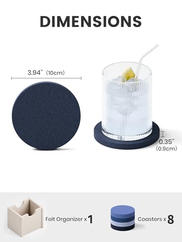 Fluxynara Felt Coasters for Drinks, Set of 8 Absorbent Coasters with Holder, Heat-Resistant & Reusable Round Design for Coffee Table & Living Room, 3.94 Inch, Denim Mist - color: Denim Mist, size: Round - 8 Count