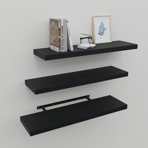 Upassion Floating Shelves for Wall Set of 3, 24" Black Wall Shelves for Home Decor, Frame Display Black Floating Shelf for Living Room, Bedroom, Bathroom, Kitchen - color: Black, size: 24 Inch