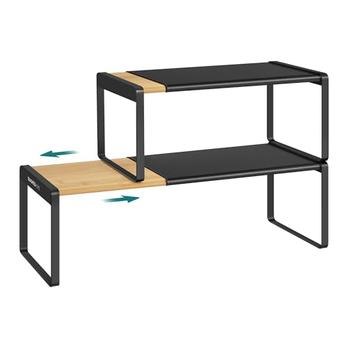 SONGMICS HOME Spice Racks, Expandable Cupboard Shelf Orgnizers, Kitchen Counter Shelves, Bamboo and Metal, Space-Saving Shelving, Stackable, Light Bamboo and Ink Black UKCS051B01 - color: Light Bamboo + Ink Black, size: 2 Pack