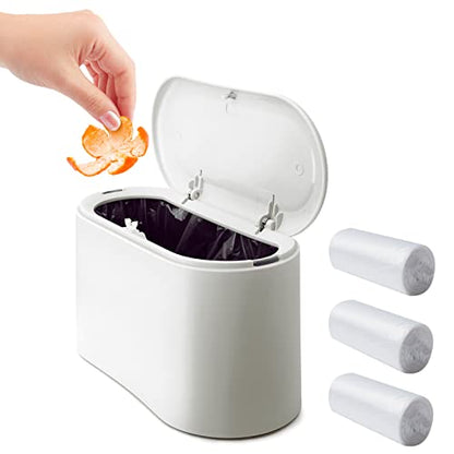 Mini Desk Trash Can with Lid with 90 Pcs Trash Bag, Lint Bin 0.5 Gallon Countertop Waste Bin for Table Tiny Garbage Can for Office Bedroom (White)
