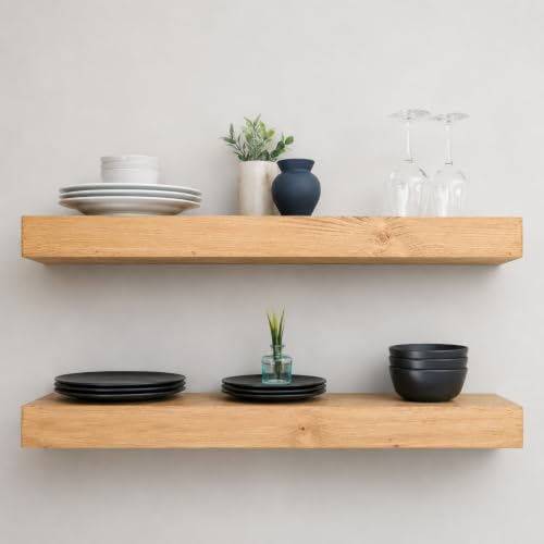 Urbandi Modern Floating Shelves 3 Inches Thick for Wall, Wide Shelves for Kitchen, Living Room, Bedroom, and Bathroom, Natural Pine Wood, Rustic Wooden Shelf, (Set of 2) (Aged Oak, 36Lx3Hx8D) - color: Aged Oak, size: 36Lx3Hx8D