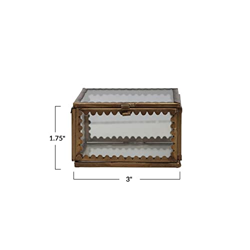 Creative Co-Op Brass and Glass Display Box with Scalloped Edges and Antique Finish, Brass Color - size: 3" Square x 1.75"H