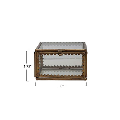 Creative Co-Op Brass and Glass Display Box with Scalloped Edges and Antique Finish, Brass Color - size: 3" Square x 1.75"H