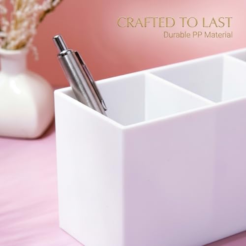 White Acrylic Pen Holder for Desk, 3-Slot Desktop Organizer & Pencil Cup, Makeup Brush Holder for Countertop, Multi-functional Pen Pencil Brushes Holders Caddy (Glossy White)