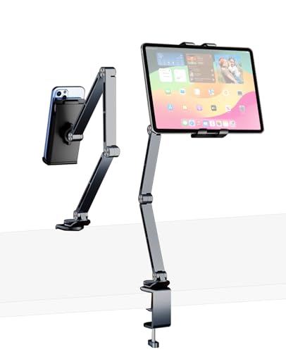 iPad Mount for Desk Aluminum Alloy Tablet Stand Foldable Overhead Arm Holder Mount Fits for 4.7-15.6" Screen Phone,Kindle,Fire HD,Monitor,iPad,Galaxy Tab Series (Gray) - color: Gray