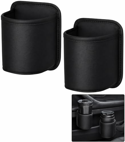 2 Pack Extra Cup Holder for Car, Clip-On Car Door Cup Holder Organizer, PU Leather Car Drink Holder for Small Bottle Coffee Cup Phone Keys Cards, Automotive Seat Pocket Storage, Black
