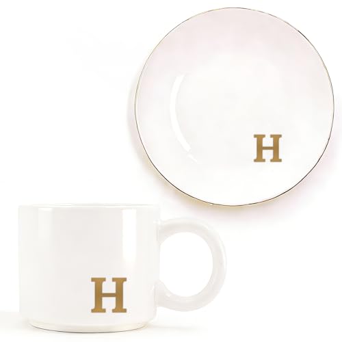 RainVibe Elegant Gift Set for Women – Personalized Monogram Ceramic Mug & Jewelry Tray – 12 oz Gold-Initial Coffee Cup with Gift Box, 4.75" Decorative Dish for Rings, Earrings, Keys (Letter H) - color: Letter H