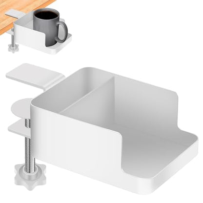 2-in-1 Clamp-On Cup Holder for Desk,Durable Metal Dual Storage for Phone & Mugs & Tea Bags & Pens，Space-Saving Gaming Desk Accessories,Table Top Organizer