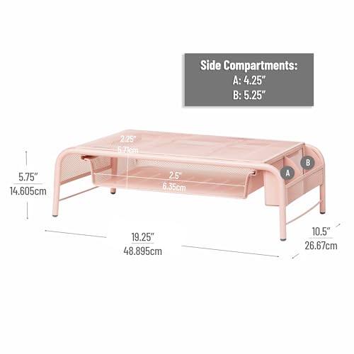 Mind Reader Monitor Stand, Ventilated Laptop Riser, Paper Tray, Storage, Office, Metal Mesh, 20"L x 11.5"W x 5.5"H, Pink - color: Pink