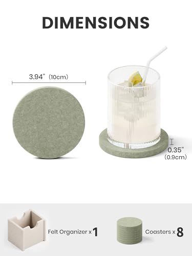 Fluxynara Felt Coasters for Drinks, Set of 8 Absorbent Coasters with Holder, Heat-Resistant & Reusable Round Design for Coffee Table & Living Room, 3.94 Inch, Sage - color: Sage, size: Round - 8 Count