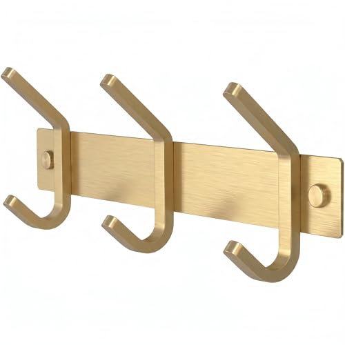 Brushed Gold Small Coat Rack Wall Mount – 9 Inch Stainless Steel Rail with 3 Double Coat Hooks for Entryway, Bathroom, Bedroom, Kitchen – Modern Gold Hook Rack for Coats, Hats, Towels - color: Gold, size: 3 Hooks - 1 Pack
