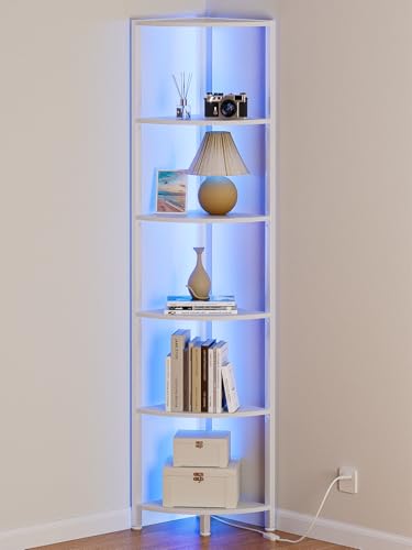 Furnulem 6 Tier Corner Shelf with LED Light, 67.5” Tall Standing Shelf Organizer, White Narrow Bookshelf with Storage Rack for Wall Corner, Living Room, Bedroom, Metal Frame, Wood Display Shelf - color: White
