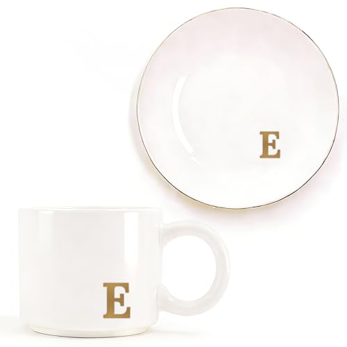 RainVibe Elegant Gift Set for Women – Personalized Monogram Ceramic Mug & Jewelry Tray – 12 oz Gold-Initial Coffee Cup with Gift Box, 4.75" Decorative Dish for Rings, Earrings, Keys (Letter E) - color: Letter E